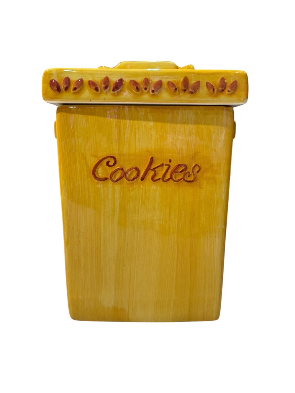 Vintage MSRF, INC Yellow Rectangle Ceramic 'Cookies' Jar Almond Accents on Lid